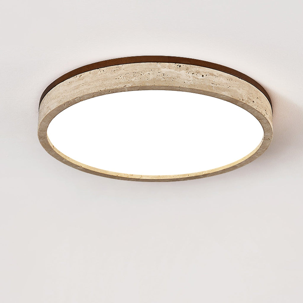 Rund LED-loftlampe med gul travertinramme til moderne rum