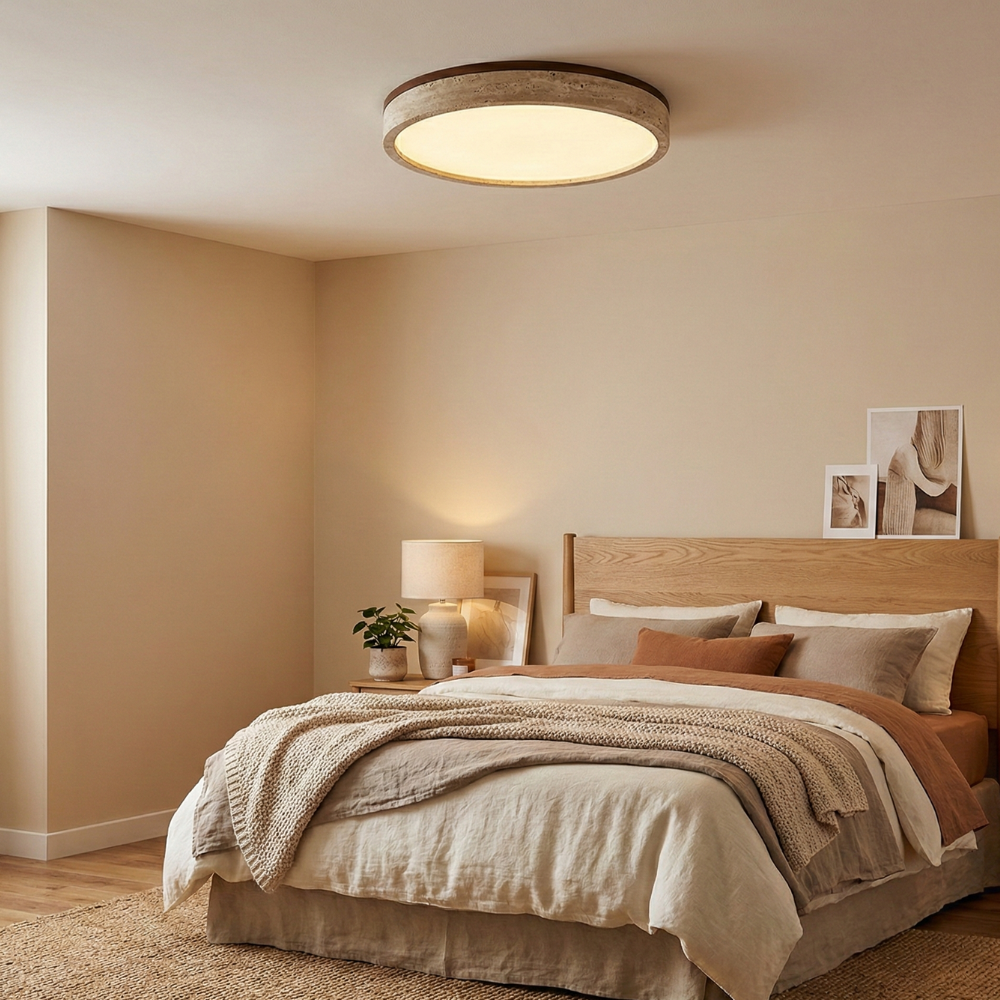 Rund LED-loftlampe med gul travertinramme til moderne rum