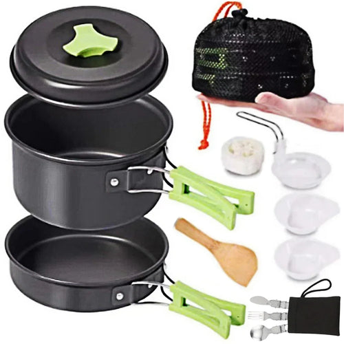 Set da campeggio mini da 1,8L - Pentola antiaderente in alluminio - Conservazione impilabile - Verde, Arancione e Nero | meowbutter