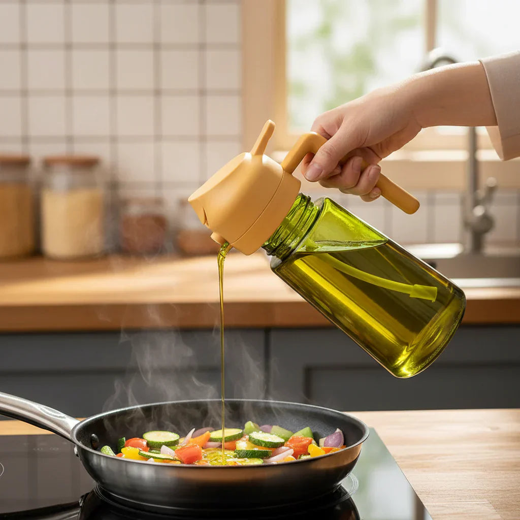 Oliedispenserflaske i glas med olivenoliesprayer til madlavning | Meowbutter