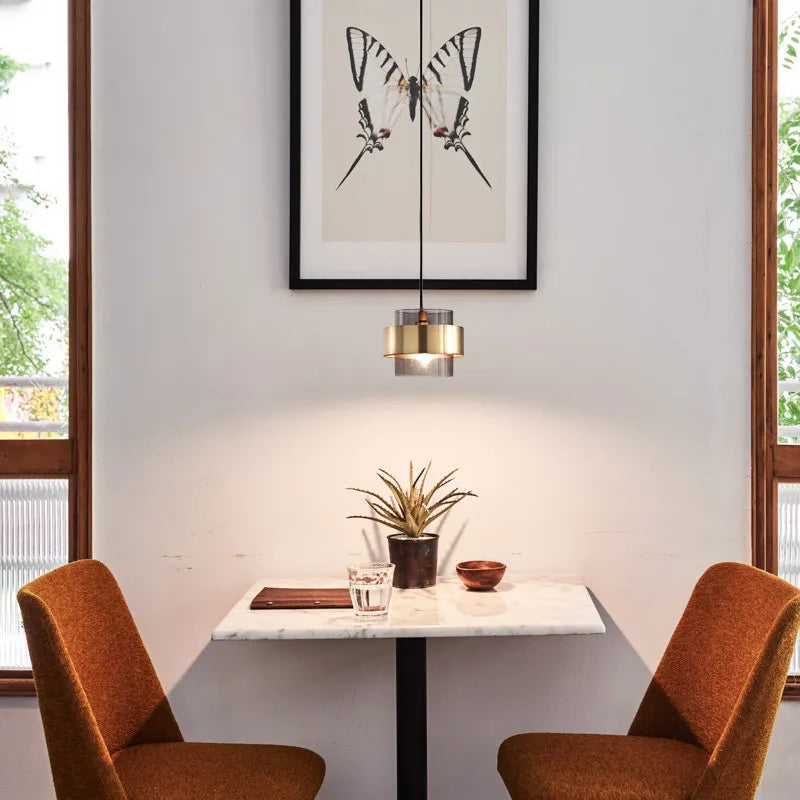 Nordic Glass Pendant Light | Modern Brass Cylinder Design | Meowbutter