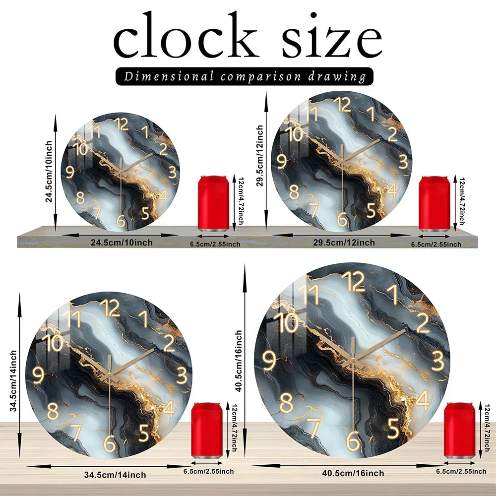 Reloj de pared de madera silencioso con cuarzo — esfera de mármol azul y dorado, cubierta de vidrio templado