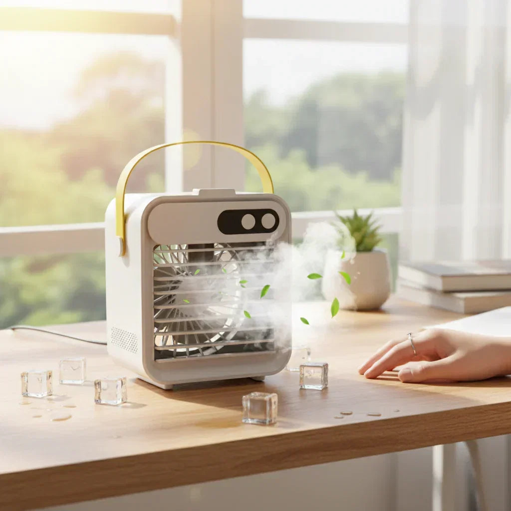 Răcitor de aer portabil compact — umidificator cu pulverizare integrat și ventilator de răcire