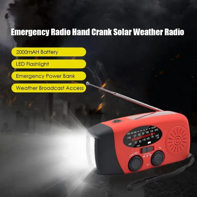 Nouzové solární rádio - ruční klička a USB - AM/FM/NOAA - powerbanka - 2000mAh | meowbutter