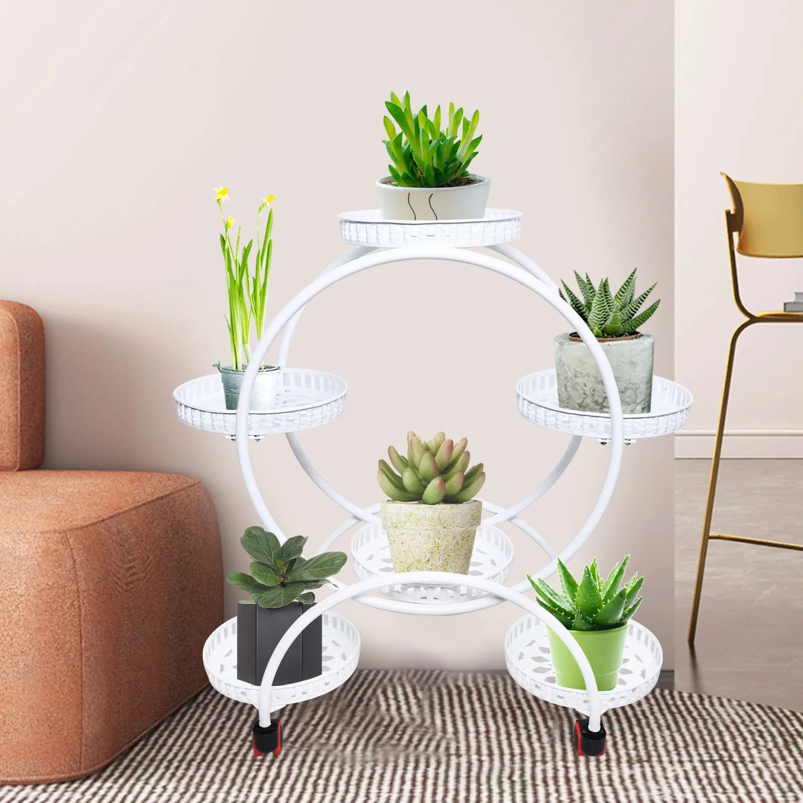 Metallisk planteholder med hjul | 6-lags blomsterpotteholder til indendørs og udendørs dekoration | Meowbutter
