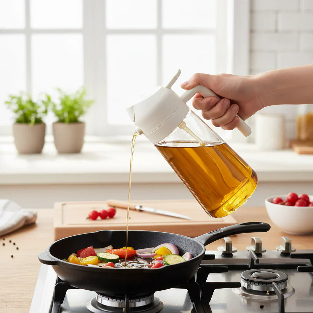 Oliedispenserflaske i glas med olivenoliesprayer til madlavning | Meowbutter