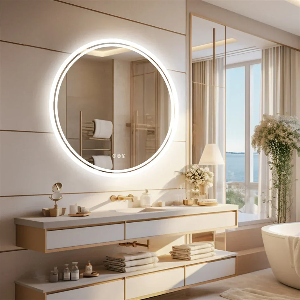 LuvoRound | Round LED Bathroom Mirror | Anti-Fog & Dimmable Touch Screen | Meowbutter