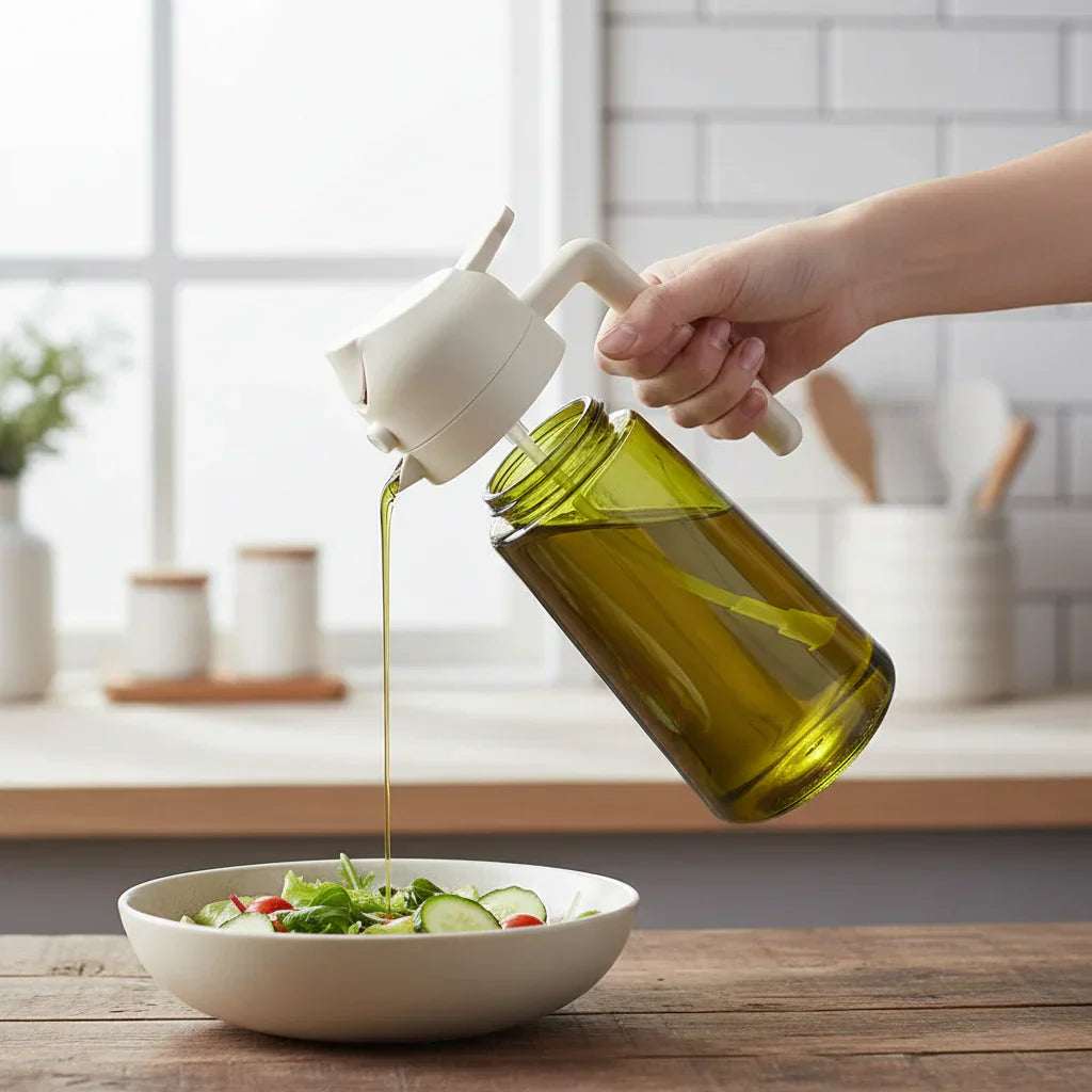 Oliedispenserflaske i glas med olivenoliesprayer til madlavning | Meowbutter