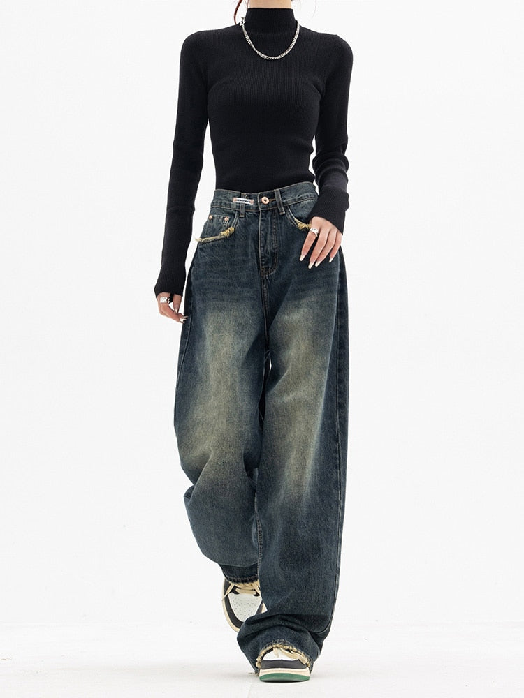Luna Y2K -vintage-tyyliset naisten baggy-farkut — korkeavyötäröiset, leveälahkeiset