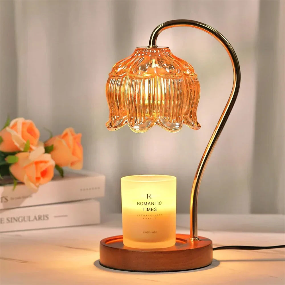 Lampe chauffe-bougie | Abat-jour rétro en verre et socle en bois massif | Meowbutter