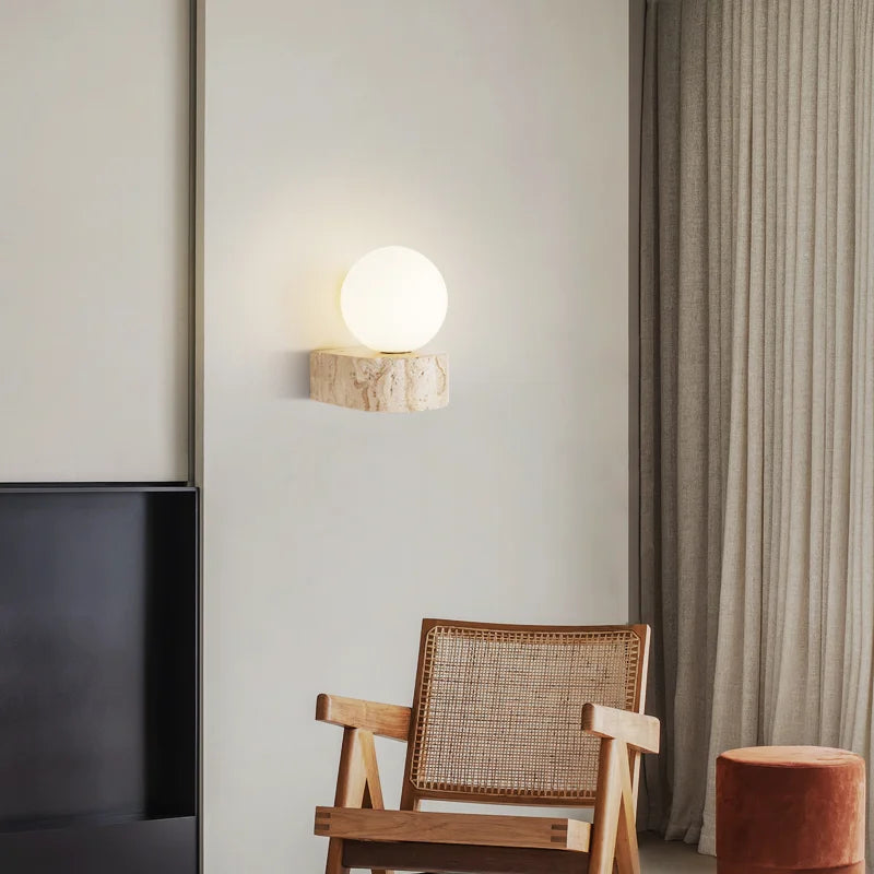 Travertine Stone Wall Lamp | Modern Japanese-Style LED Sconce | Meowbutter