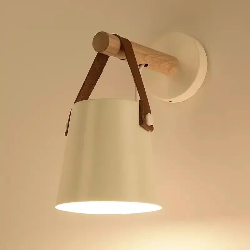 Nordic Wood & Leather Wall Lamp | Hanging Bedside Light | Meowbutter