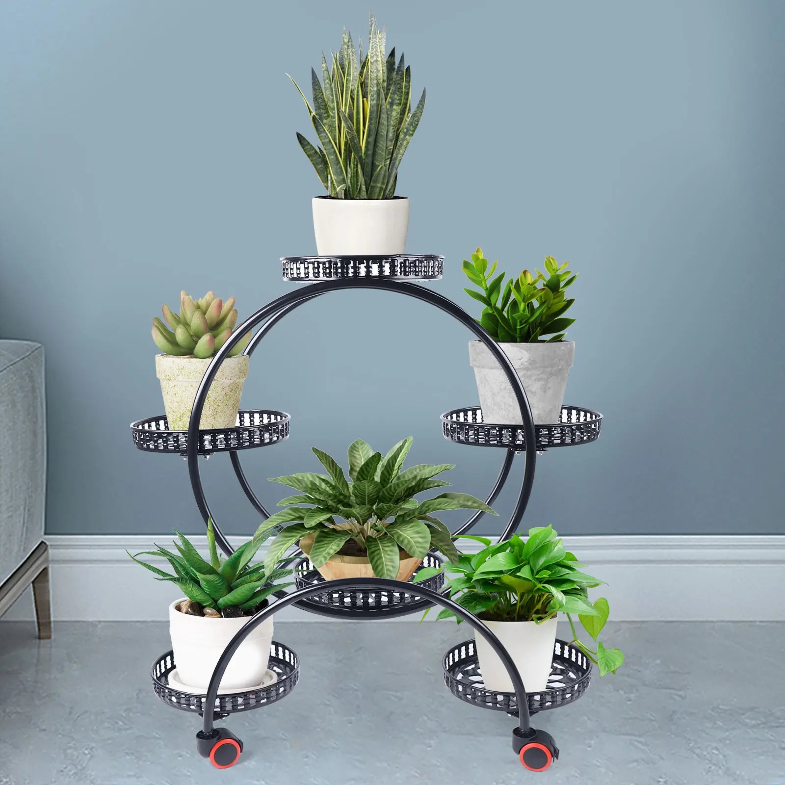 Metallisk planteholder med hjul | 6-lags blomsterpotteholder til indendørs og udendørs dekoration | Meowbutter