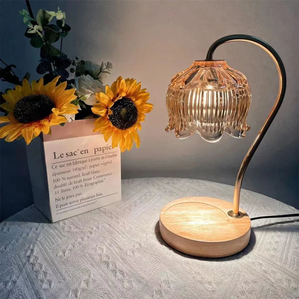 Lampe chauffe-bougie | Abat-jour rétro en verre et socle en bois massif | Meowbutter