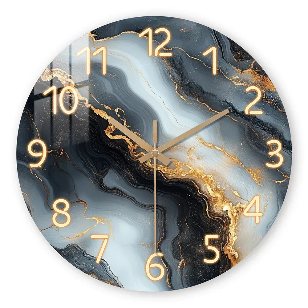 Reloj de pared de madera silencioso con cuarzo — esfera de mármol azul y dorado, cubierta de vidrio templado