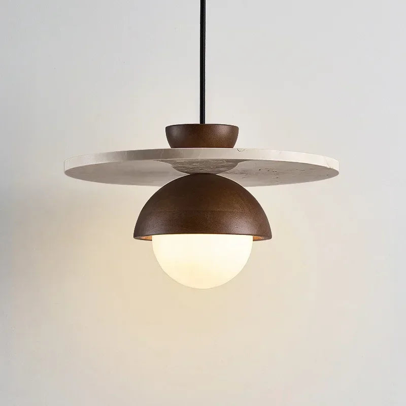 Denmark Pendant Light — Walnut Wood Dome and Stone Disc, LED, Ø30x18cm