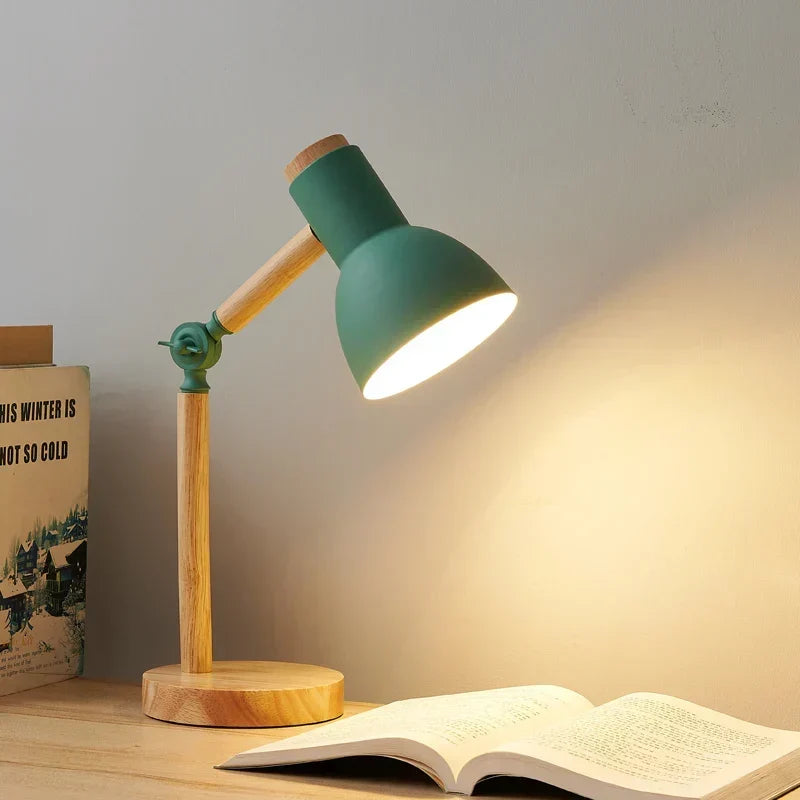 Nordic Rubberwood Desk Lamp — Adjustable Head, Colorful Shade