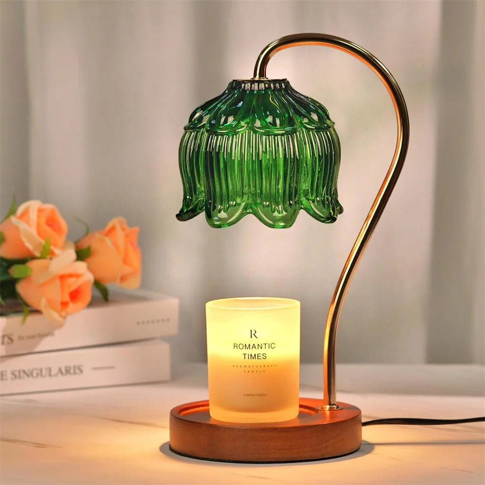 Lampe chauffe-bougie | Abat-jour rétro en verre et socle en bois massif | Meowbutter