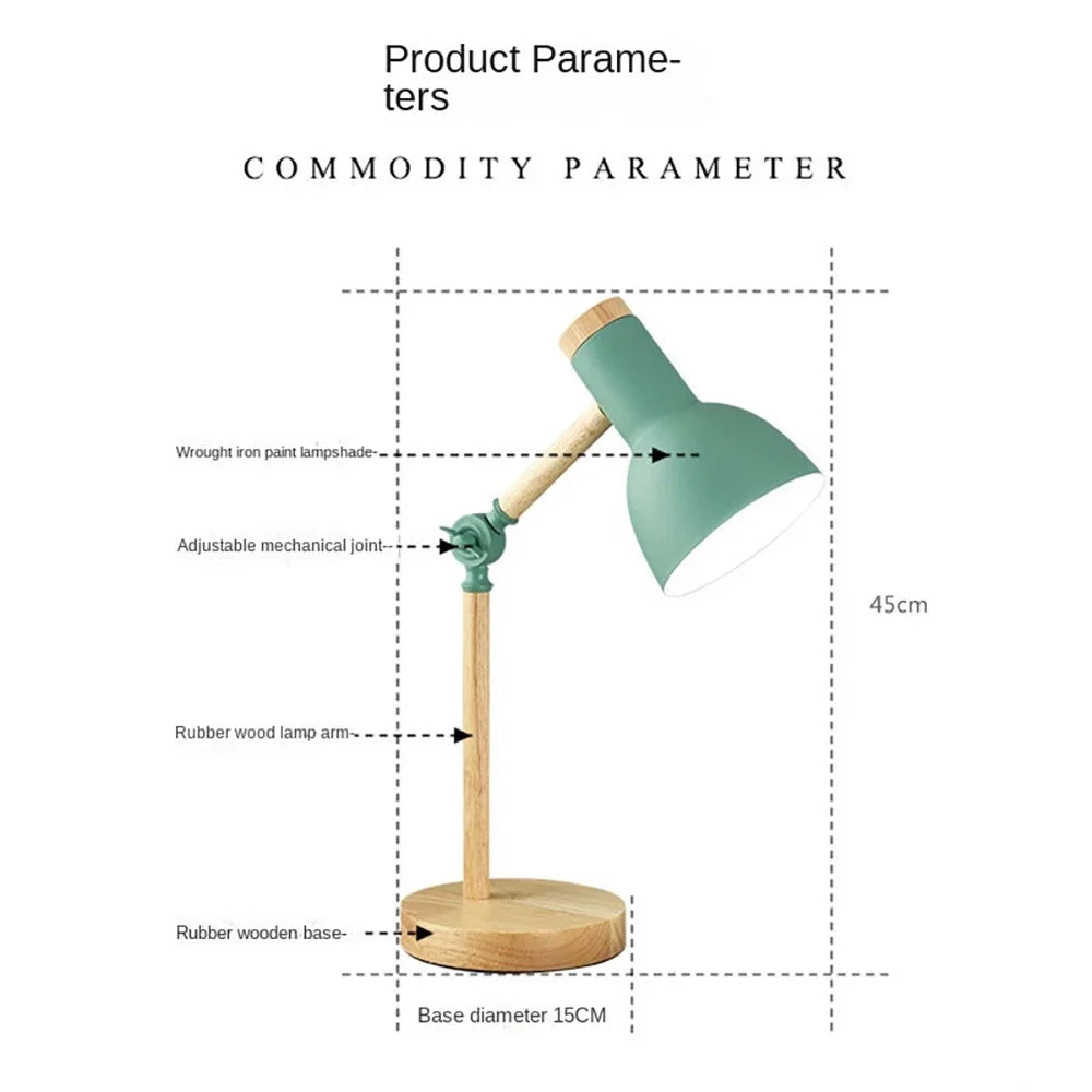 Nordic Rubberwood Desk Lamp — Adjustable Head, Colorful Shade