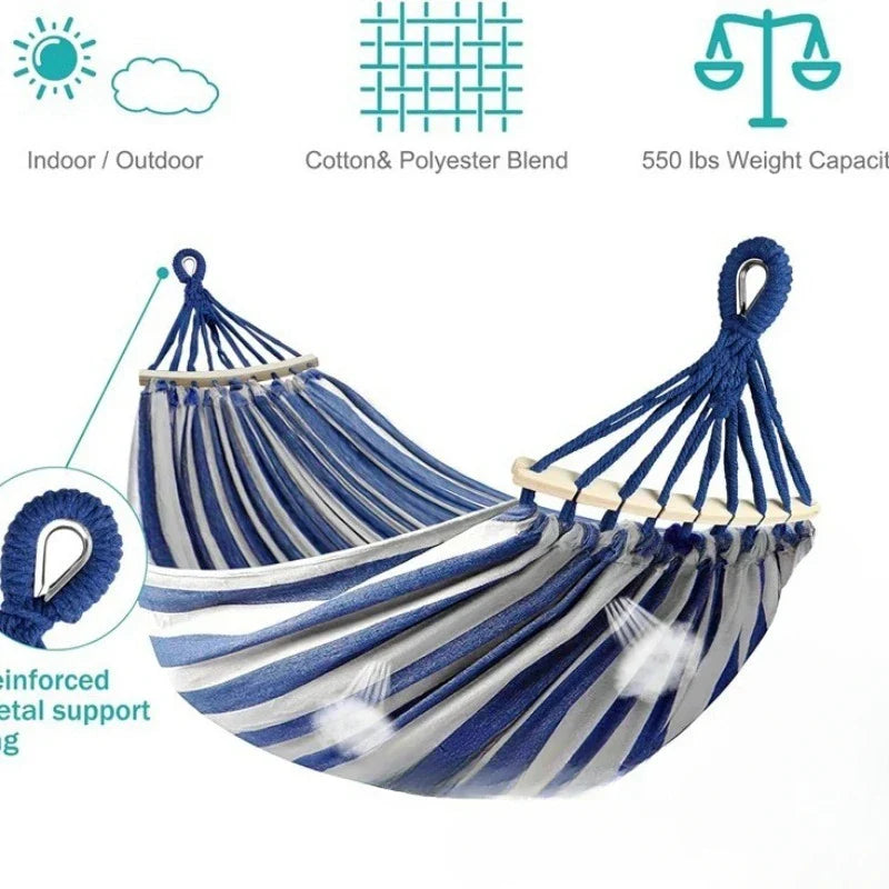 Double Hammock - Canvas - Anti-Roll Wooden Spreader Bars - 220x150cm - Carry Bag - Blue & Red | meowbutter