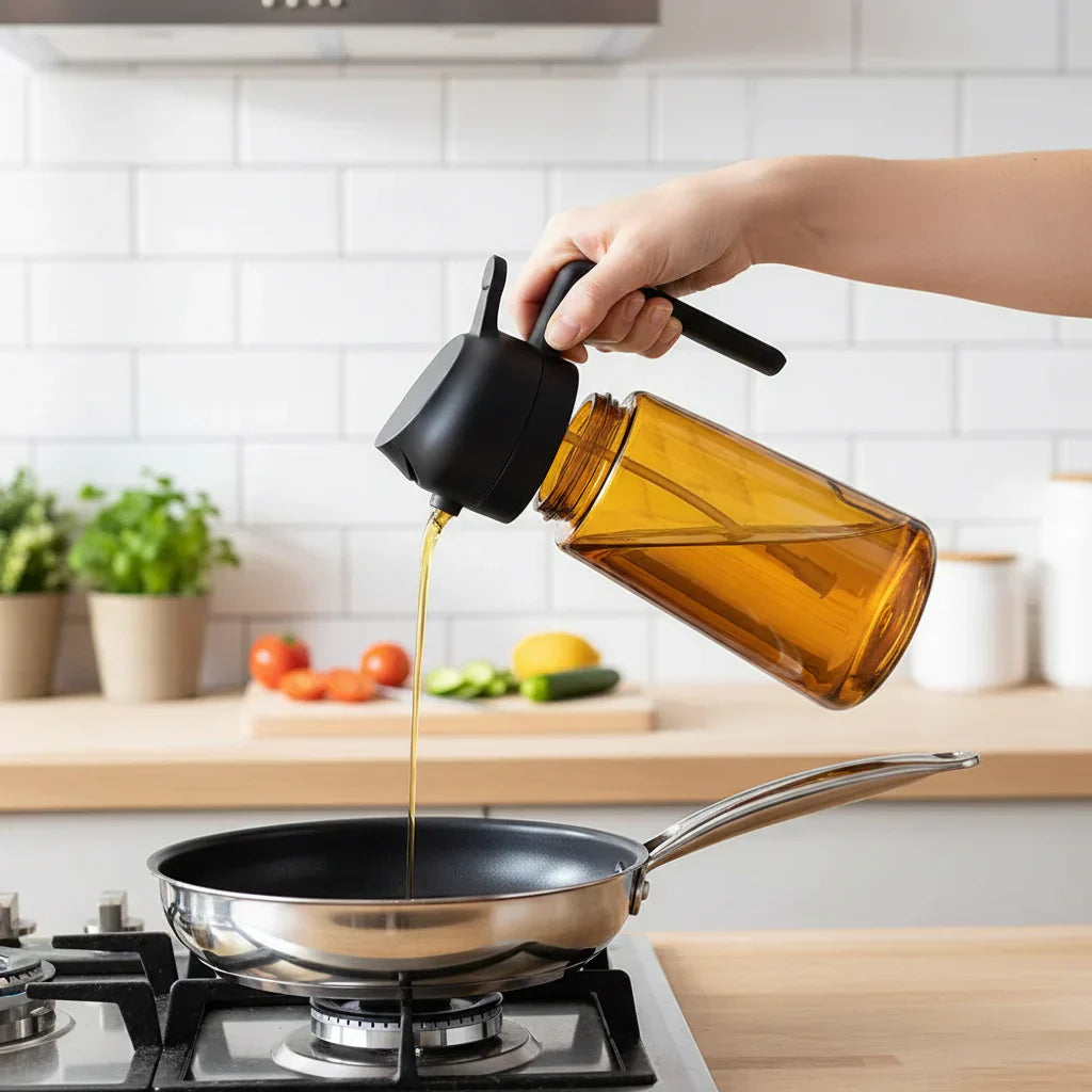 Oliedispenserflaske i glas med olivenoliesprayer til madlavning | Meowbutter