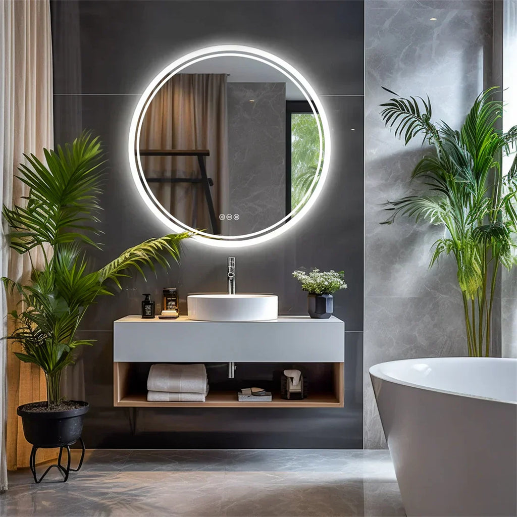 LuvoRound | Round LED Bathroom Mirror | Anti-Fog & Dimmable Touch Screen | Meowbutter