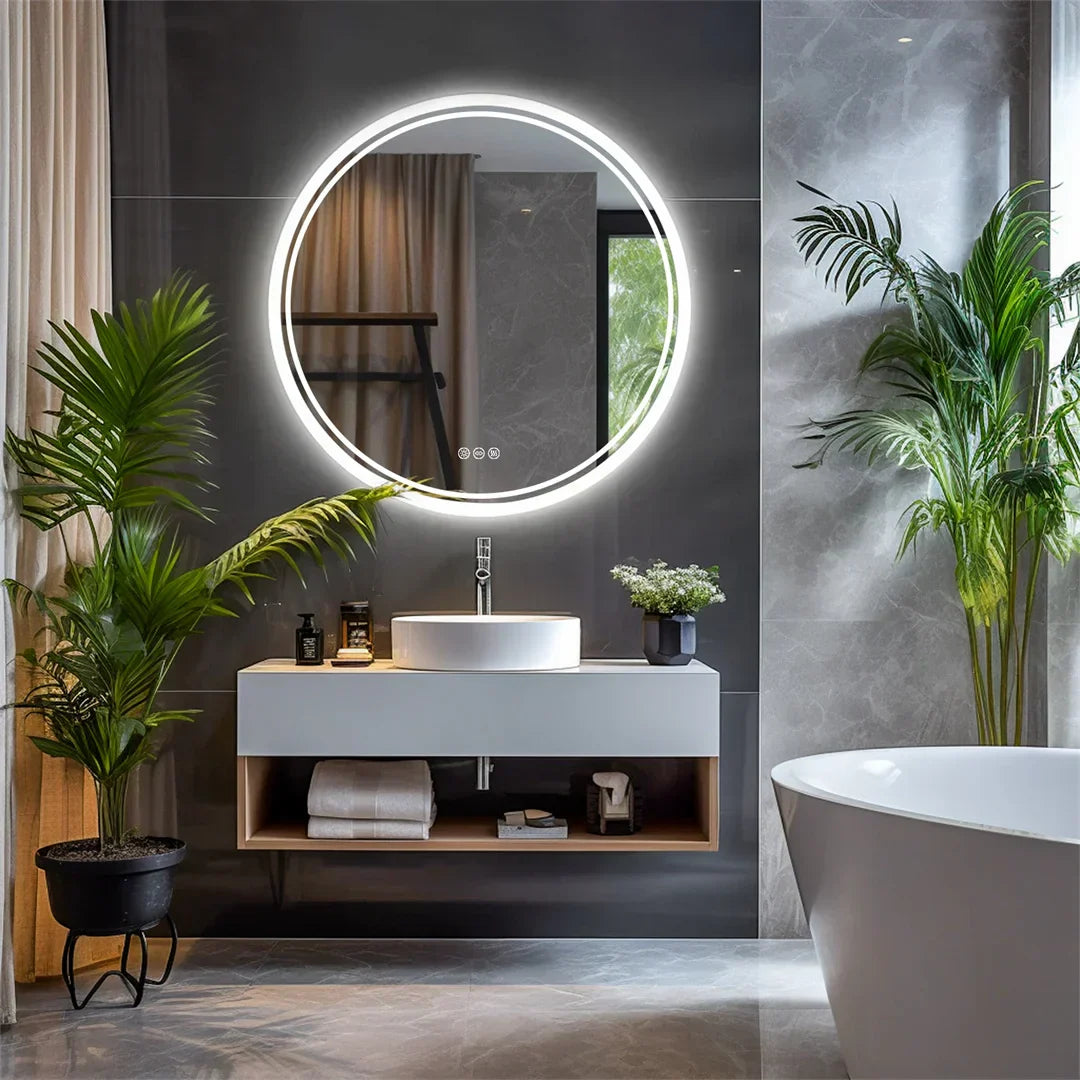 LuvoRound | Round LED Bathroom Mirror | Anti-Fog & Dimmable Touch Screen | Meowbutter