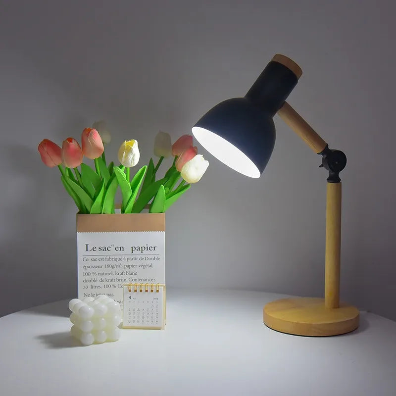 Nordic Rubberwood Desk Lamp — Adjustable Head, Colorful Shade