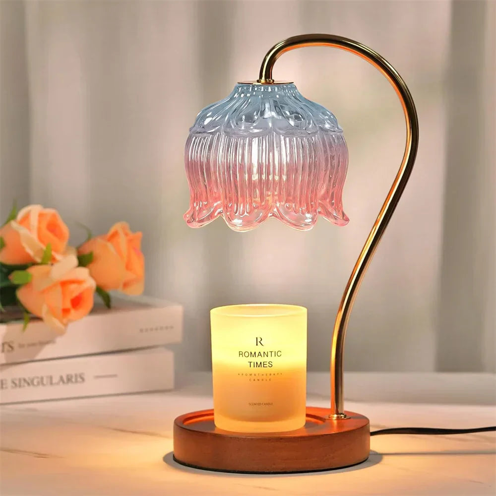 Lampe chauffe-bougie | Abat-jour rétro en verre et socle en bois massif | Meowbutter