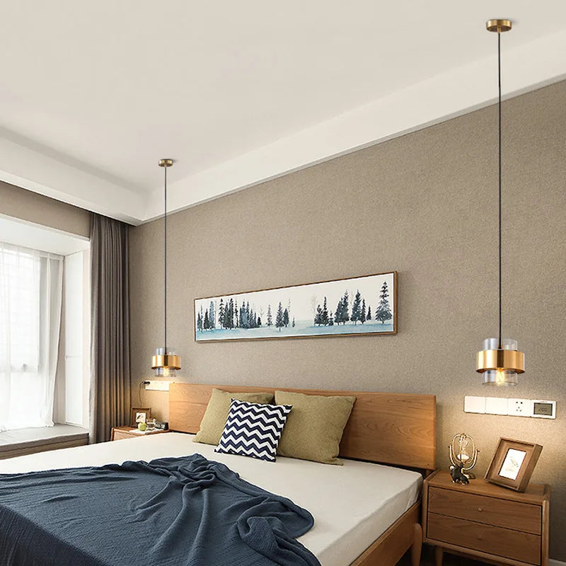 Nordic Glass Pendant Light | Modern Brass Cylinder Design | Meowbutter