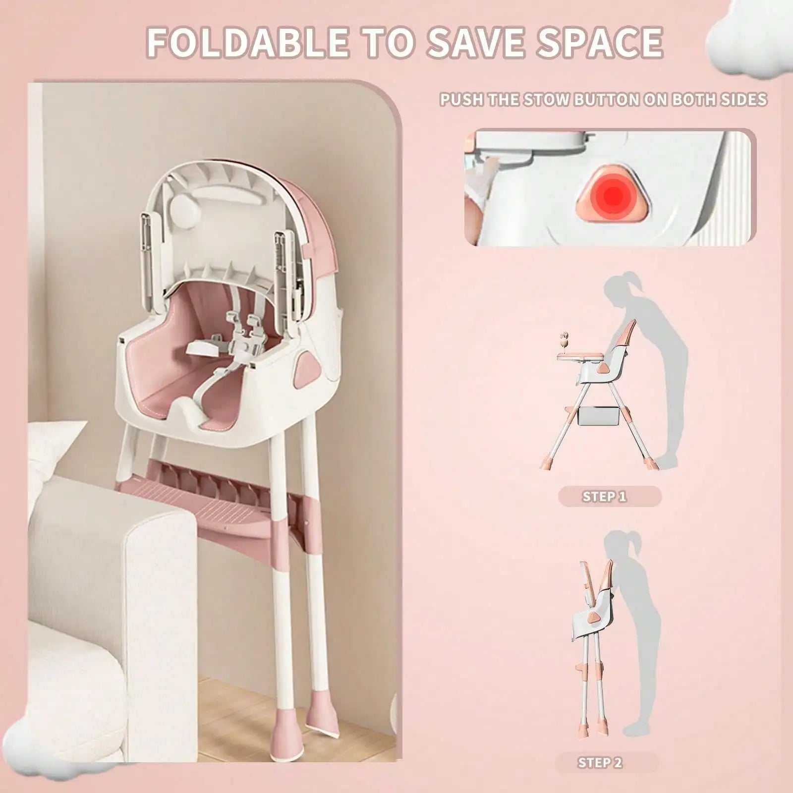 Dětská jídelní židlička - 3v1 skládací design - nastavitelná s bezpečnostním pásem | meowbutter