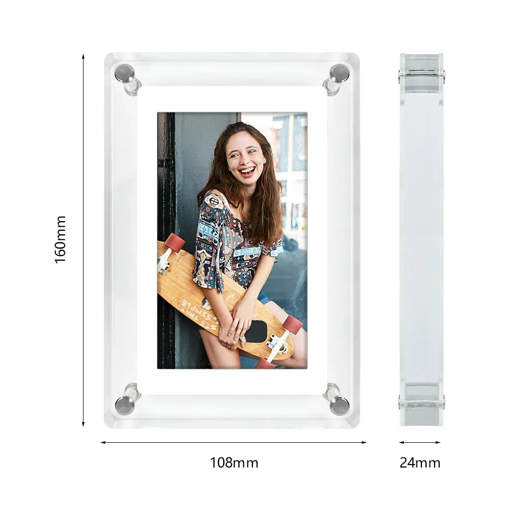 Portarretratos portátil de acrílico ClearFrame — batería integrada, pantalla IPS