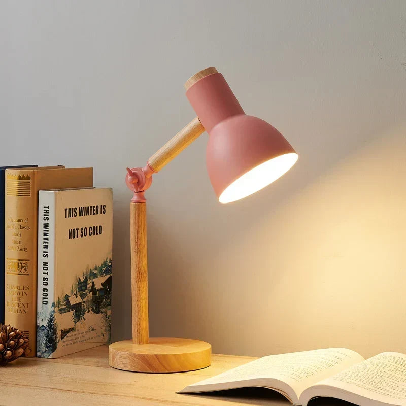 Nordic Rubberwood Desk Lamp — Adjustable Head, Colorful Shade