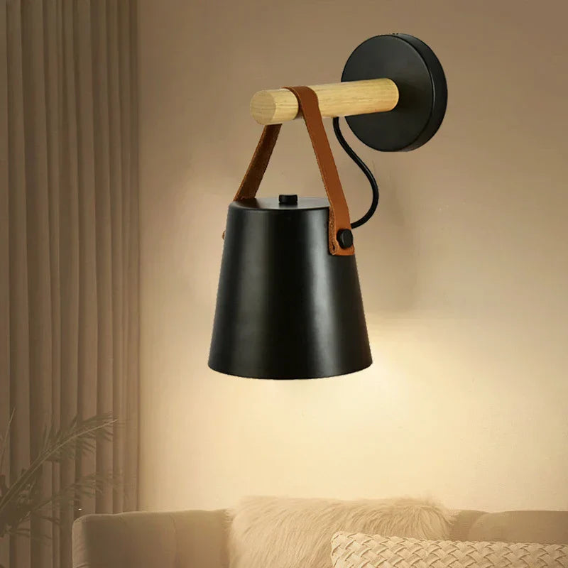 Nordic Wood & Leather Wall Lamp | Hanging Bedside Light | Meowbutter