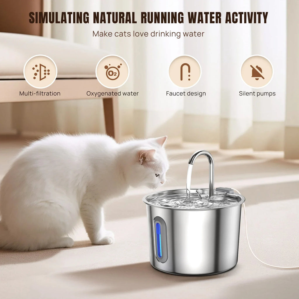 Cat Water Fountain - 304 Stainless Steel - 2.2L - Triple Filter - Quiet 5V Pump | meowbutter