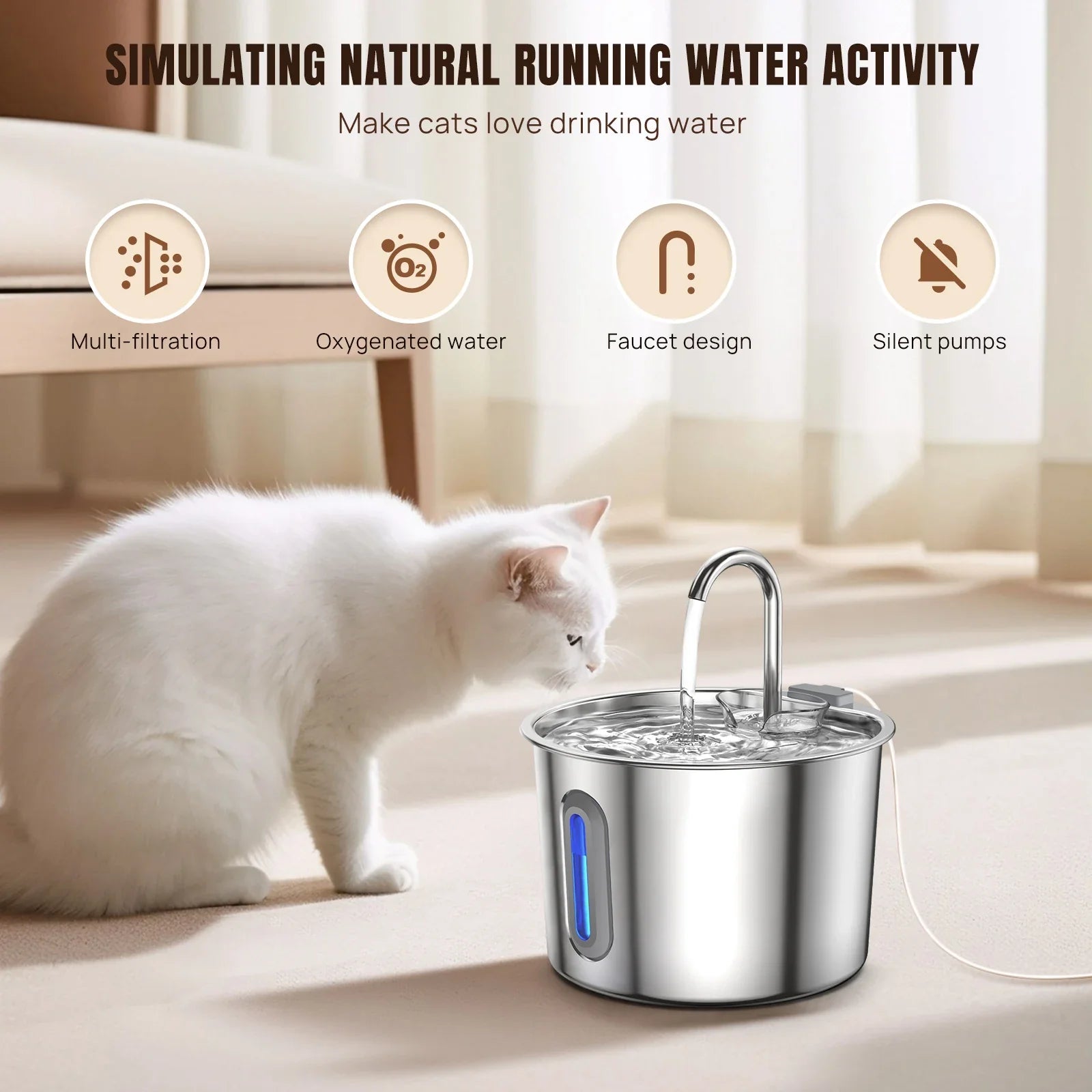 Cat Water Fountain - 304 Stainless Steel - 2.2L - Triple Filter - Quiet 5V Pump | meowbutter