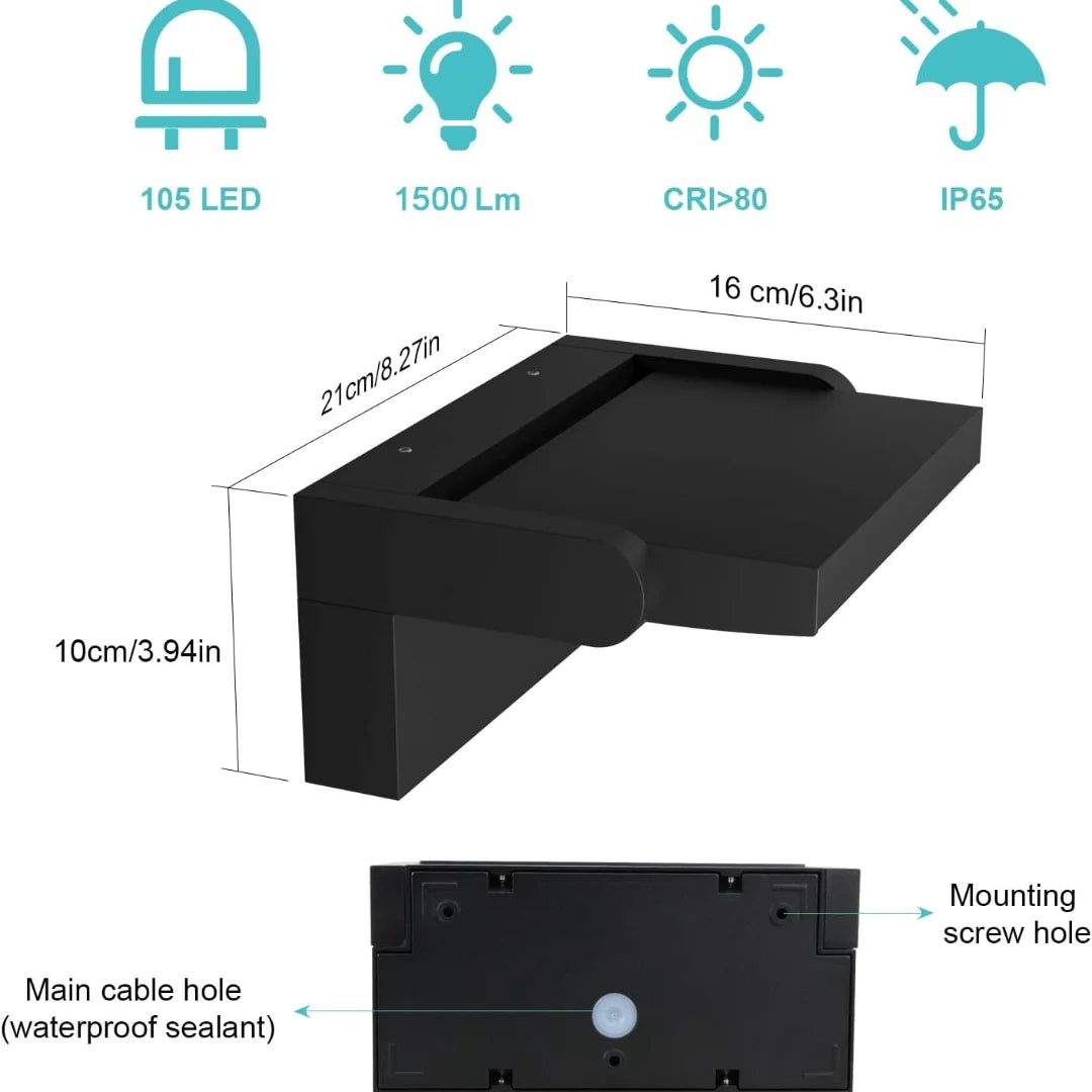 24W LED udendørs væglampe | IP65 vandtæt bevægelsessensorlampe | Meowbutter