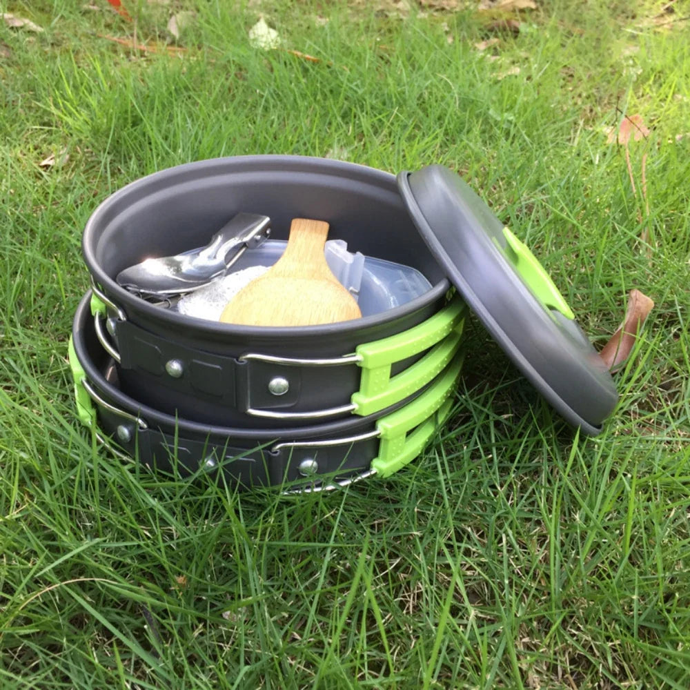 1.8L Mini Camping Cook Set - Aluminium Non-Stick Pot - Nested Storage - Green, Orange & Black | meowbutter