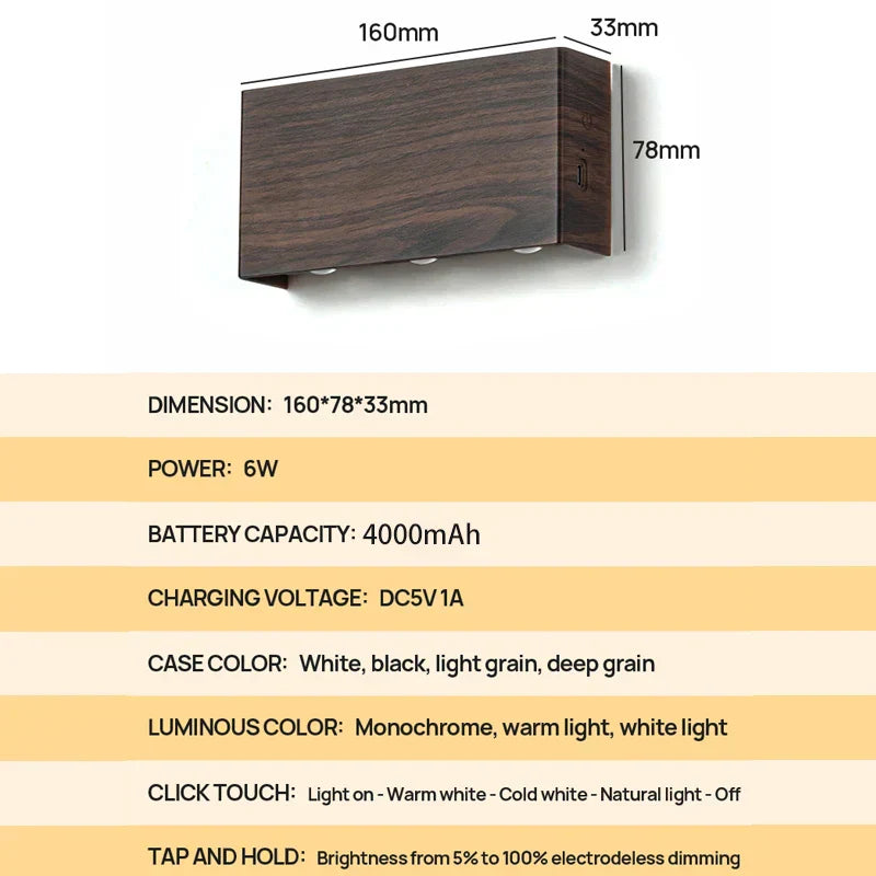Lume da Parete Ricaricabile LumiBlock | Design Minimalista Effetto Legno | Meowbutter