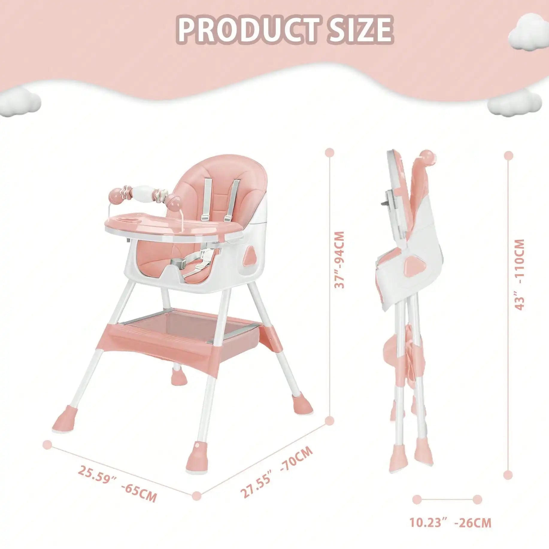 Dětská jídelní židlička - 3v1 skládací design - nastavitelná s bezpečnostním pásem | meowbutter