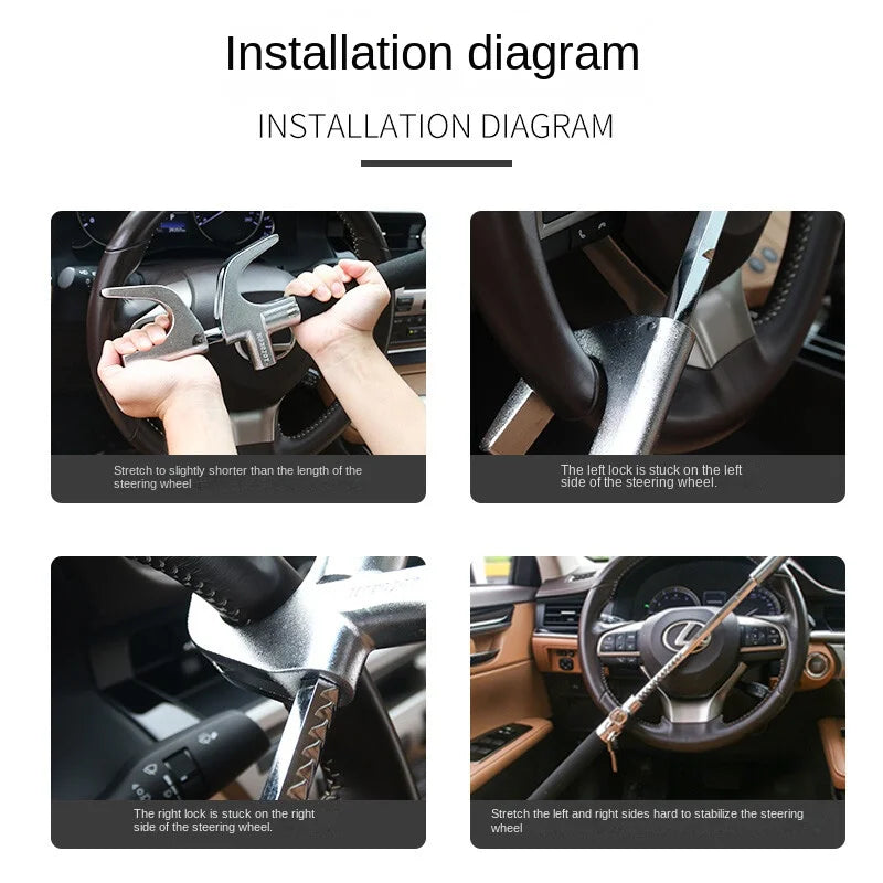 Steering Wheel Lock - Hardened Steel & Zinc Alloy - Adjustable Universal Fit - Cars, SUVs & Vans | meowbutter