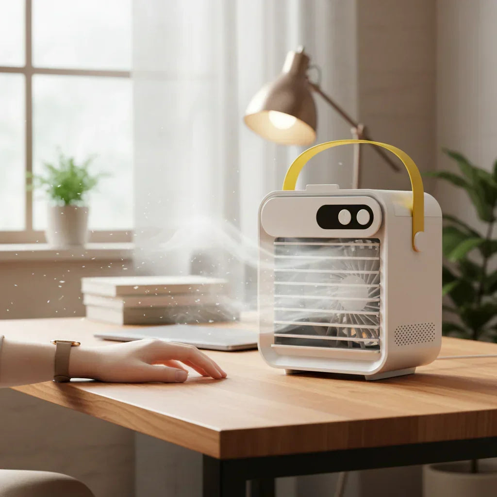 Răcitor de aer portabil compact — umidificator cu pulverizare integrat și ventilator de răcire