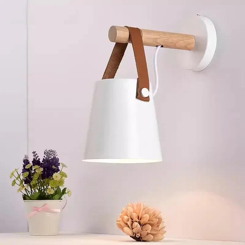 Nordic Wood & Leather Wall Lamp | Hanging Bedside Light | Meowbutter