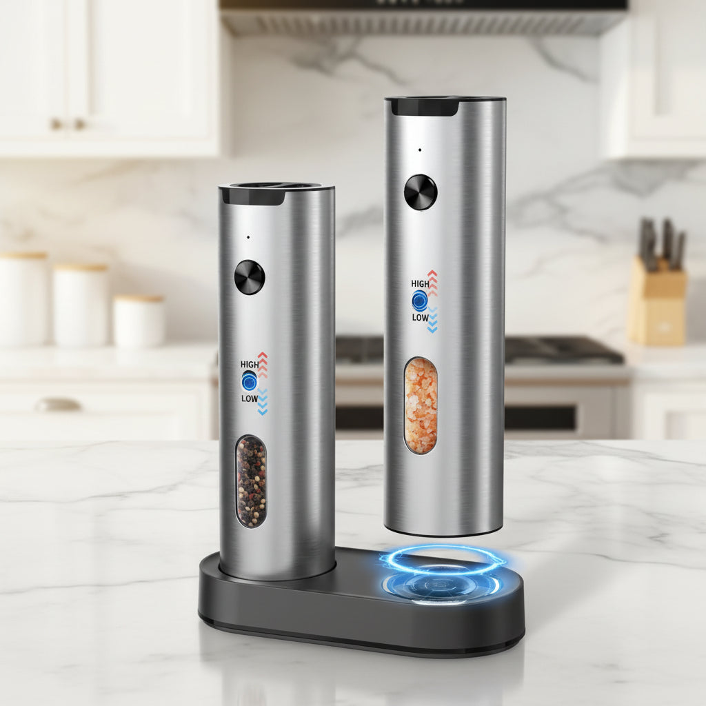 סט מטחנה חשמלית למלח ולפלפל — בסיס נטען באמצעות USB, מזיגה בלחיצת כפתור