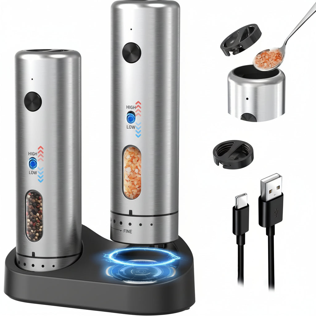 Elektrický set mlýnku na sůl a pepř s nabíjecí základnou USB ProMax | Meowbutter