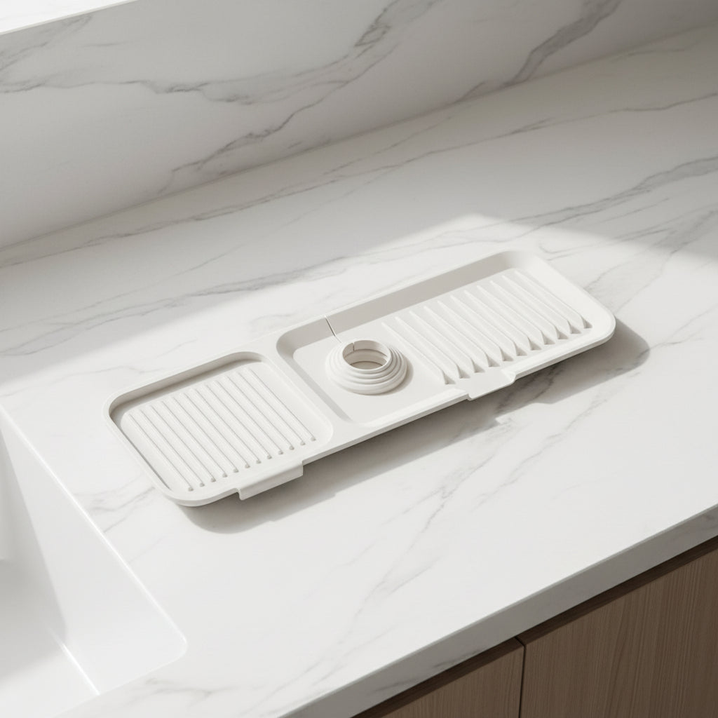 Flexible Silicone Sink Mat — Curved Faucet Drip Tray, Self-Draining System