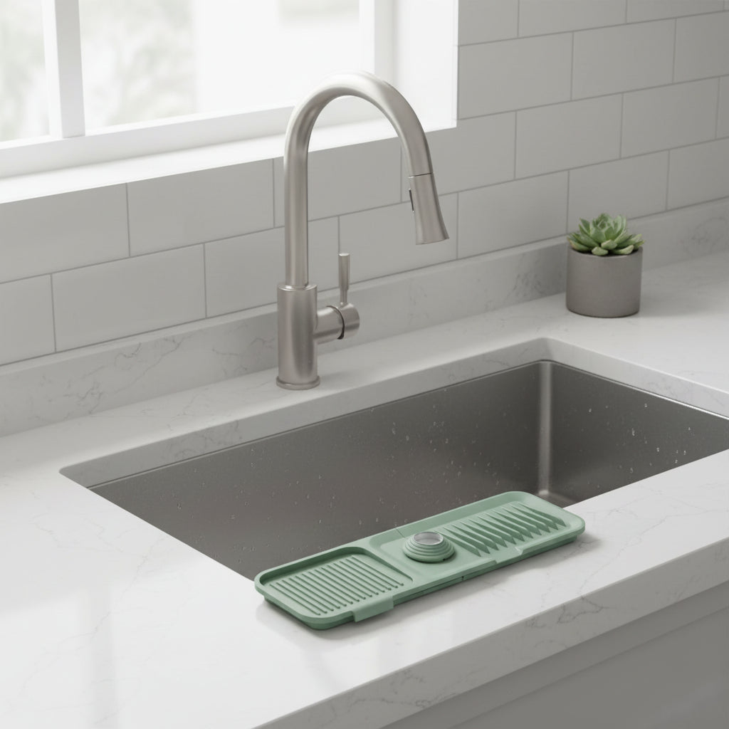 Flexible Silicone Sink Mat — Curved Faucet Drip Tray, Self-Draining System