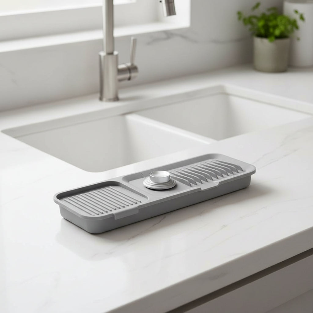 Flexible Silicone Sink Mat — Curved Faucet Drip Tray, Self-Draining System