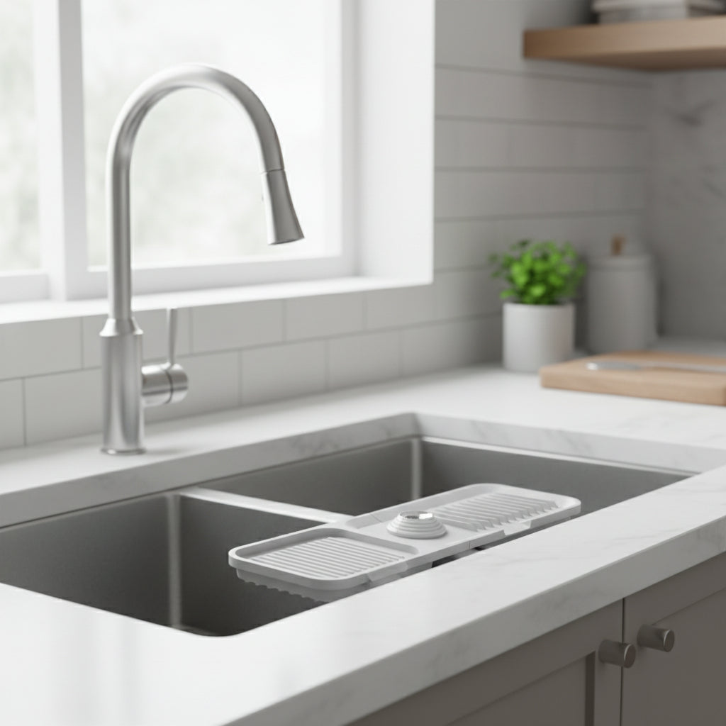 Flexible Silicone Sink Mat — Curved Faucet Drip Tray, Self-Draining System