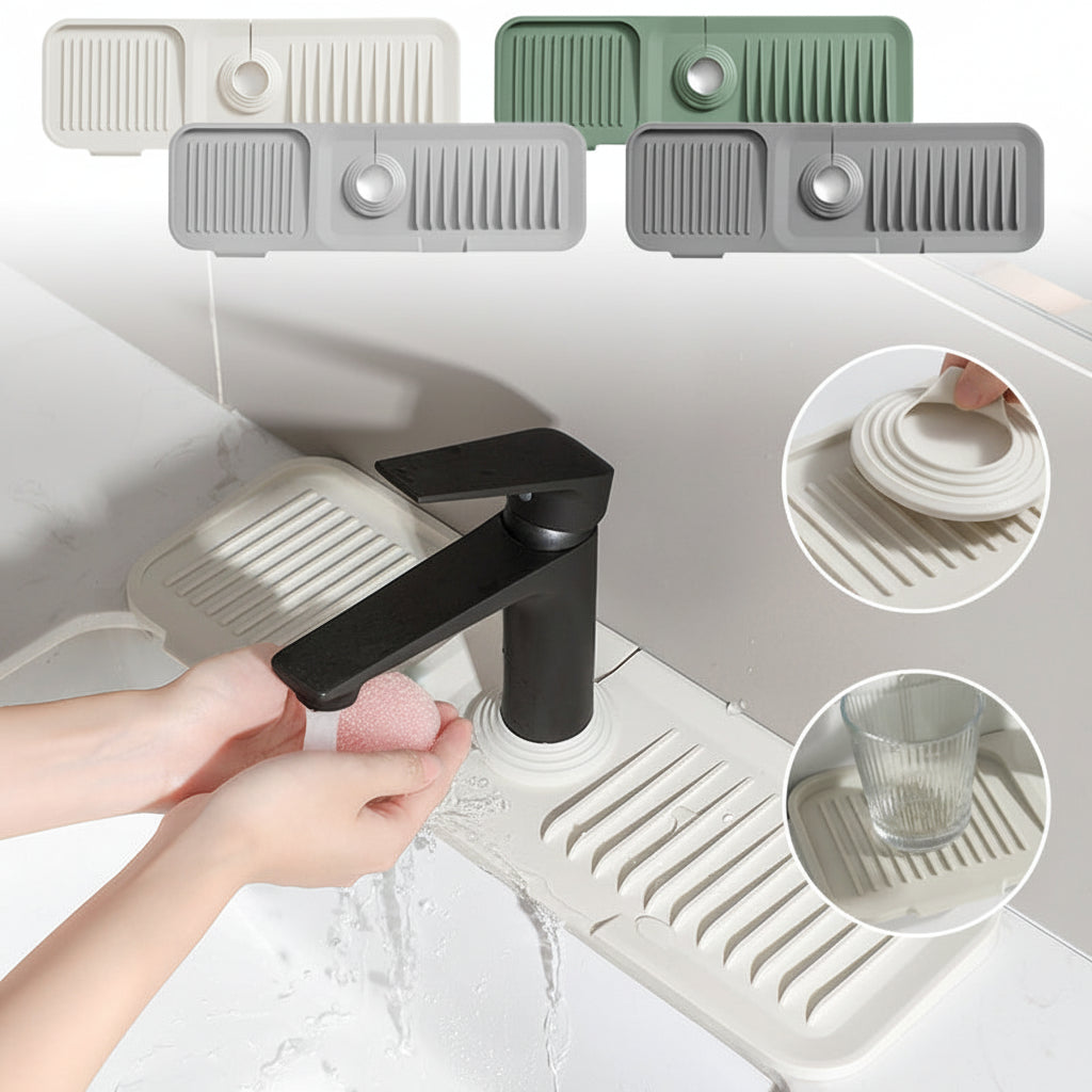 Flexible Silicone Sink Mat — Curved Faucet Drip Tray, Self-Draining System